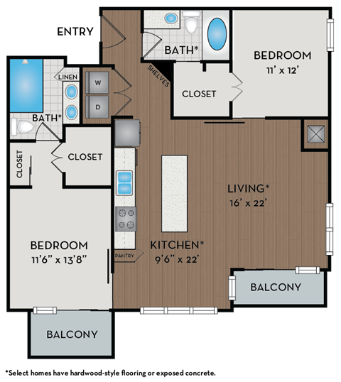 A floor plan of a home with a balcony and a bathroom.